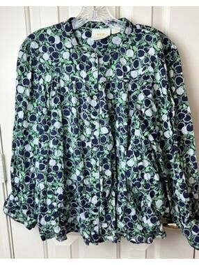Maeve Anthropologie Loose Fit Button Blouse Balloon Sleeves Apples/Grapes XL